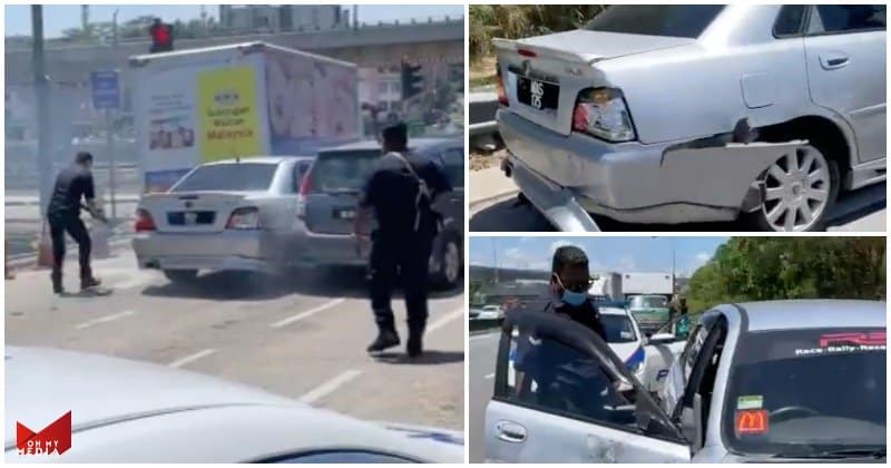 [Video] Tersekat di lampu isyarat, pemandu berkali-kali ‘sondol’ dua kereta cuba lari dari polis