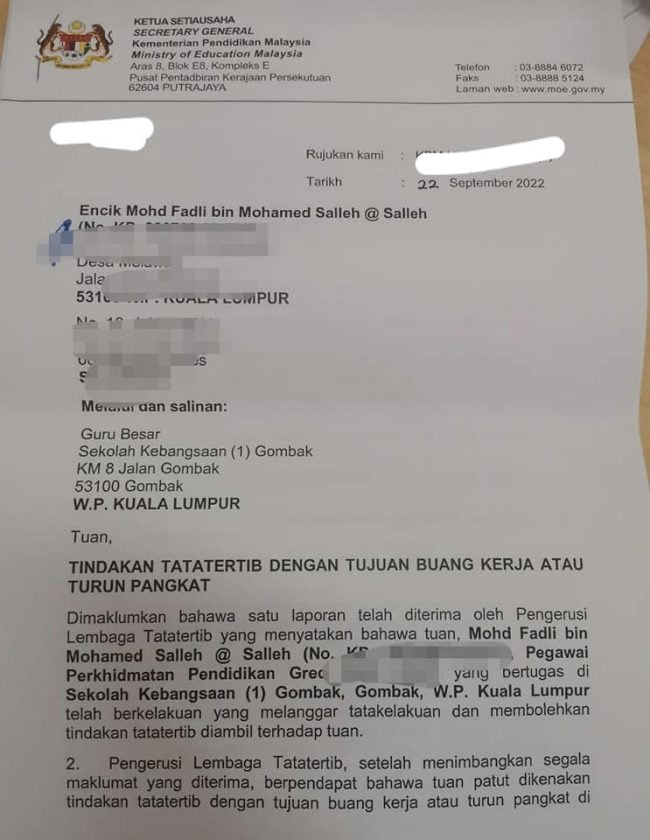 Cikgu Fadli Dedah Akan Dikenakan Tindakan Tatatertib Dengan Tujuan ...