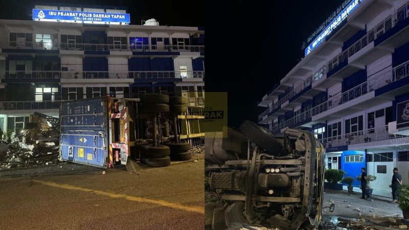 Polis cedera, lori kontena rempuh pondok kawalan IPD Tapah
