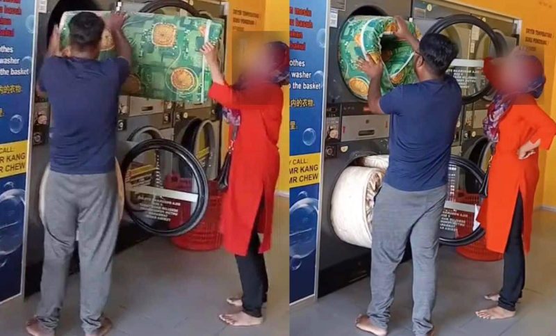 Gigih cuba sumbat 2 tilam masuk mesin dryer di kedai dobi, tindakan pasangan ini buat netizen tergamam