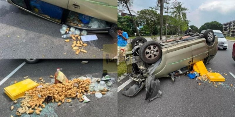 Kereta peniaga terbalik lepas langgar pokok, netizen simpati lihat kuih-muih bertaburan atas jalan raya