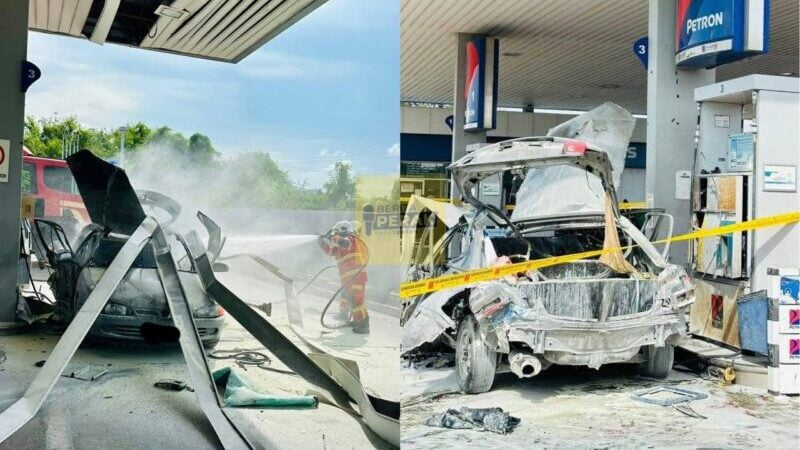 Lelaki nyaris maut, Proton Wira Aeroback terbakar & meletup ketika isi minyak