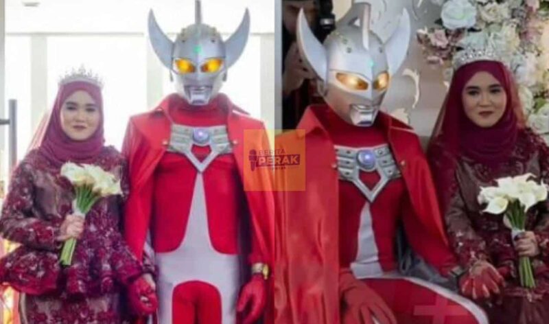 Lain dari yang lain, pengantin lelaki bersanding pakai kostum ‘Ultraman Taro’ jadi perhatian