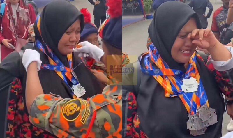 “Usaha tak mengkhianati hasil” – Kadet bomba kalungkan pingat pada cikgu lepas menang kawad kaki buat ramai sebak