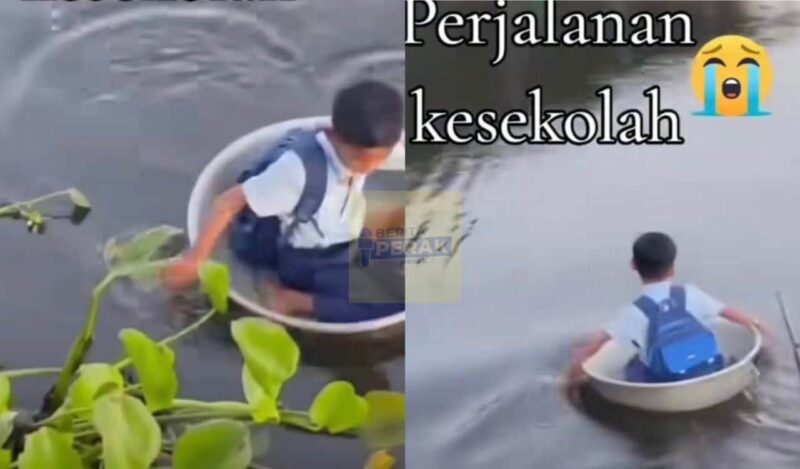 “Nyawa jadi taruhan..” – Murid jadikan besen sebagai perahu ulang alik ke sekolah undang sebak