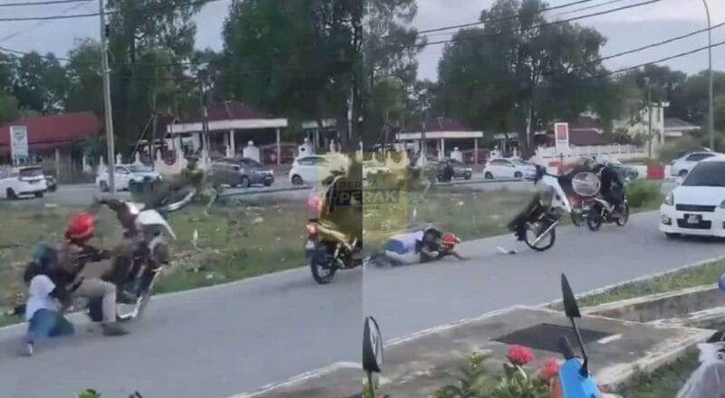 Pasangan remaja jatuh tersembam ketika asyik buat ‘wheelie’, motosikal rempuh Myvi