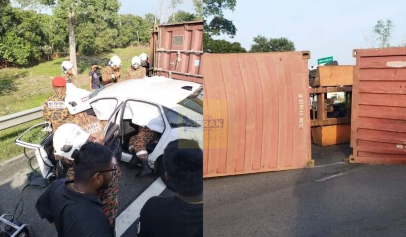 Seorang maut, 2 cedera dalam kemalangan babitkan motosikal, kereta & treler