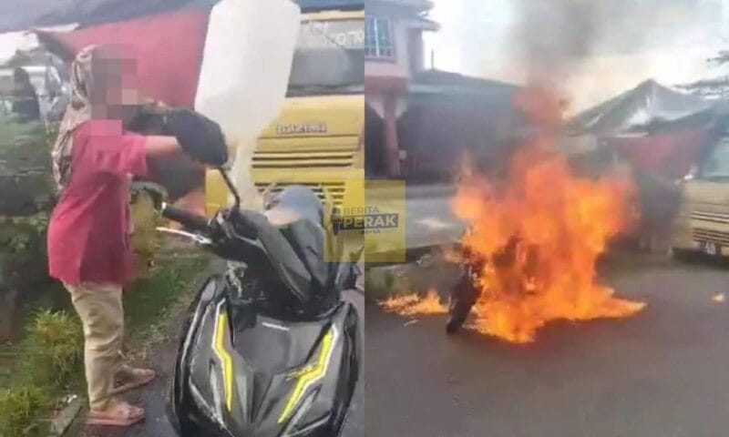 “Dah 20 bulan tak bayar” – Wanita simbah minyak petrol bakar motor, berang kenderaan mahu ditarik